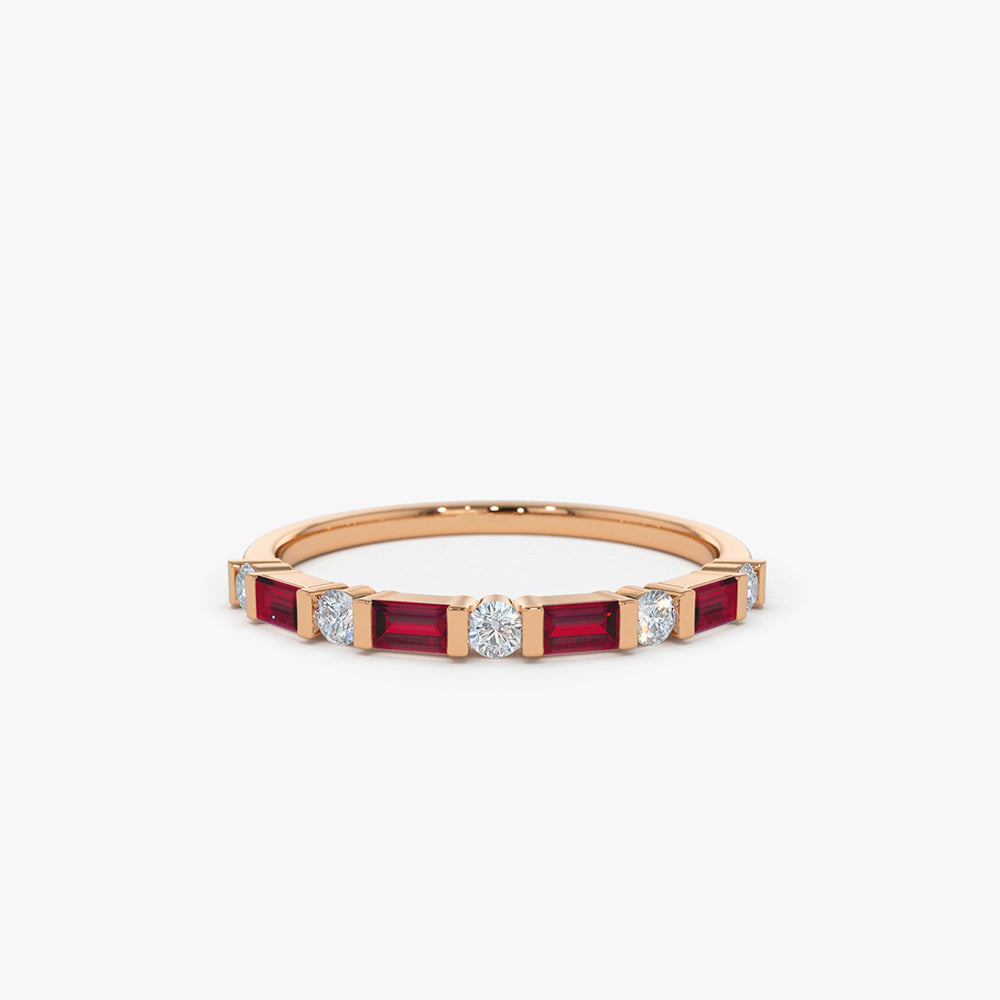 14k Ruby Baguette and Diamond Stackable Wedding Ring - Geum Jewels