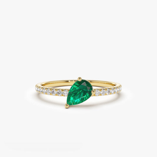 14k Slanted Pear Shape Emerald Ring with Pave Diamonds - Geum Jewels