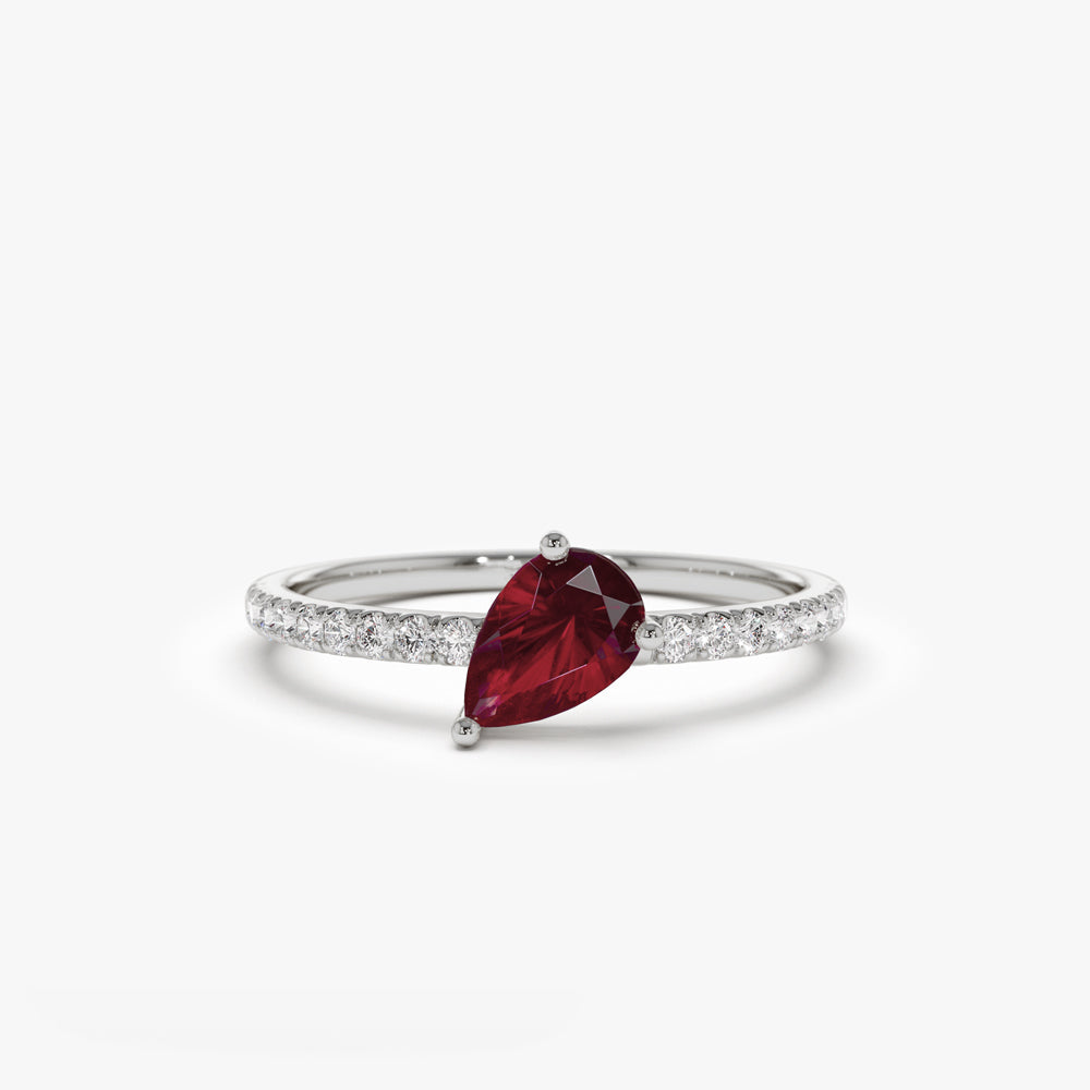 14k Slanted Pear Shape Ruby Ring with Pave Diamonds - Geum Jewels