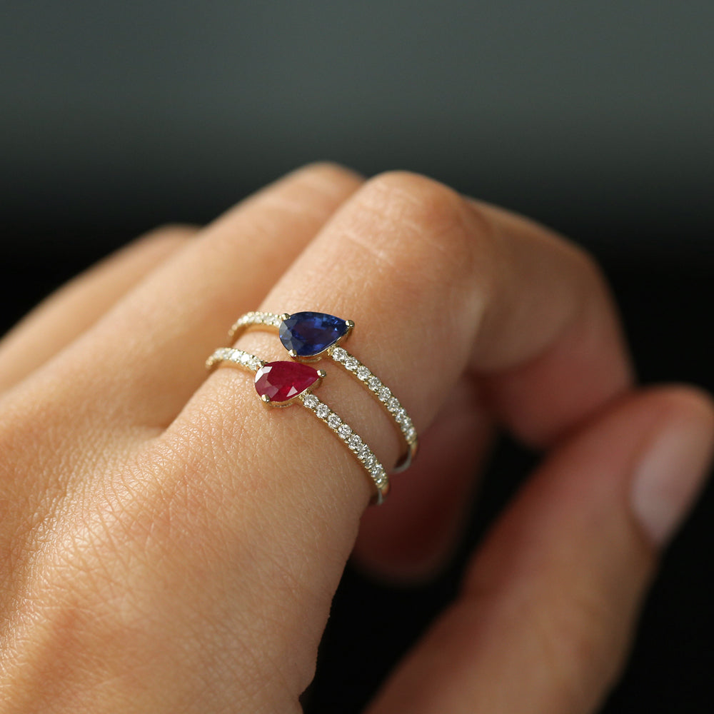 14k Slanted Pear Shape Sapphire Ring with Pave Diamonds