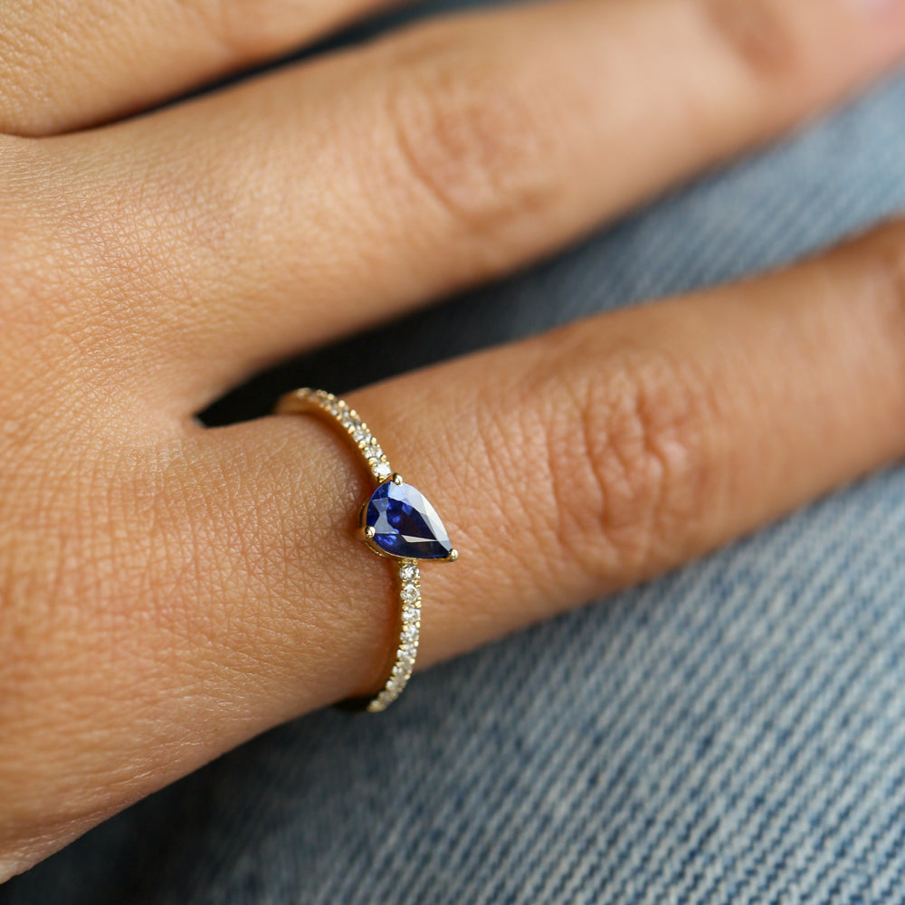 14k Slanted Pear Shape Sapphire Ring with Pave Diamonds
