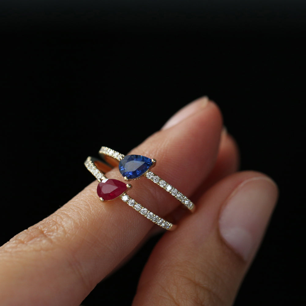 14k Slanted Pear Shape Sapphire Ring with Pave Diamonds