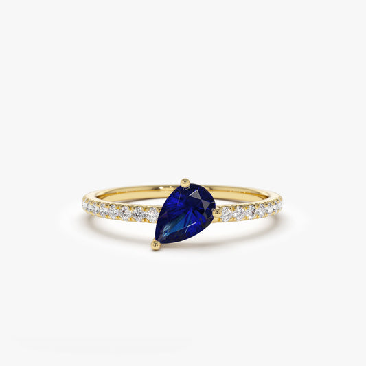 14k Slanted Pear Shape Sapphire Ring with Pave Diamonds - Geum Jewels