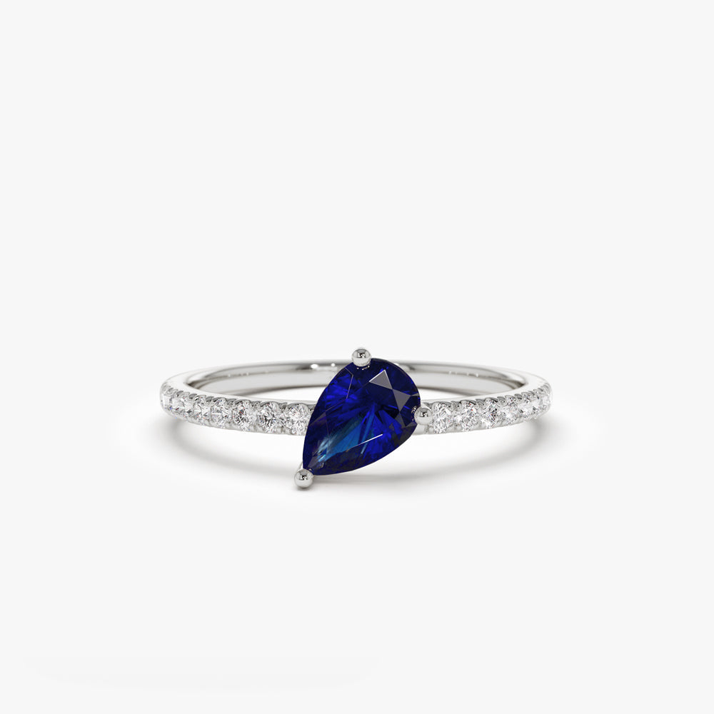 14k Slanted Pear Shape Sapphire Ring with Pave Diamonds - Geum Jewels