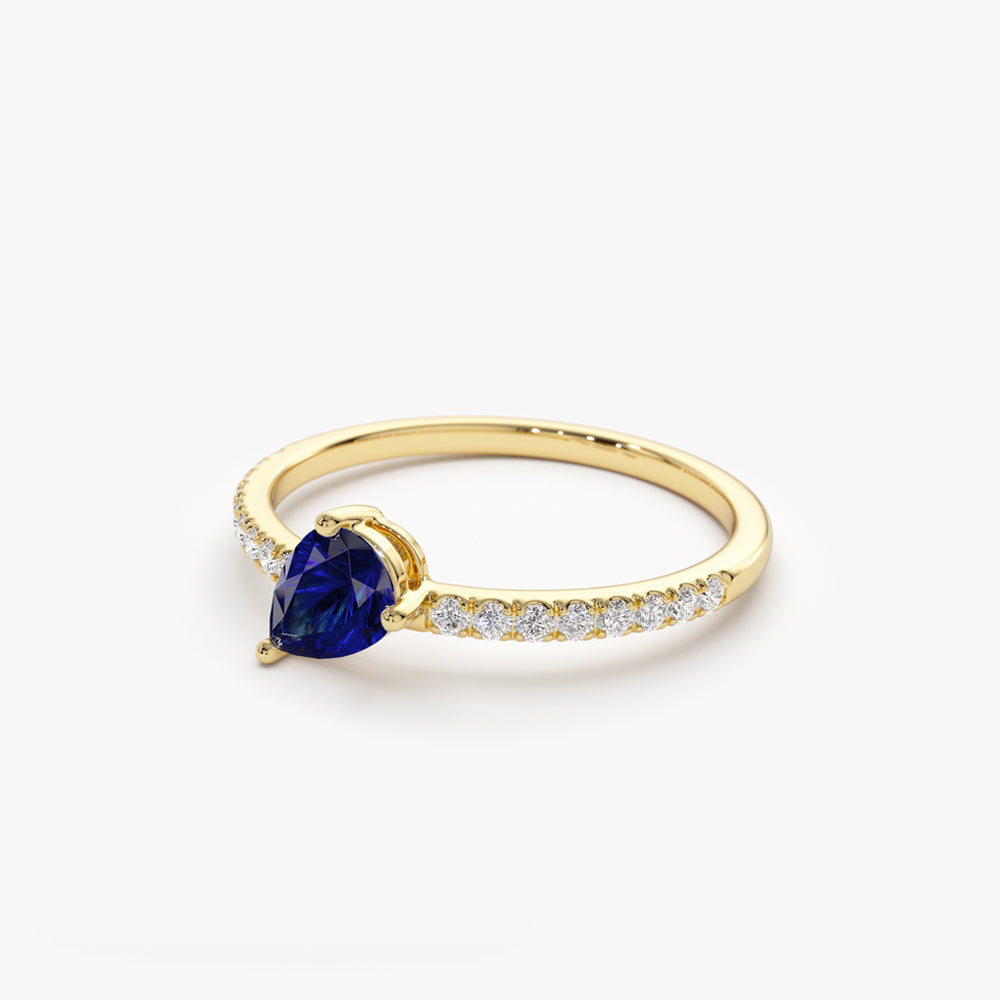 14k Slanted Pear Shape Sapphire Ring with Pave Diamonds - Geum Jewels