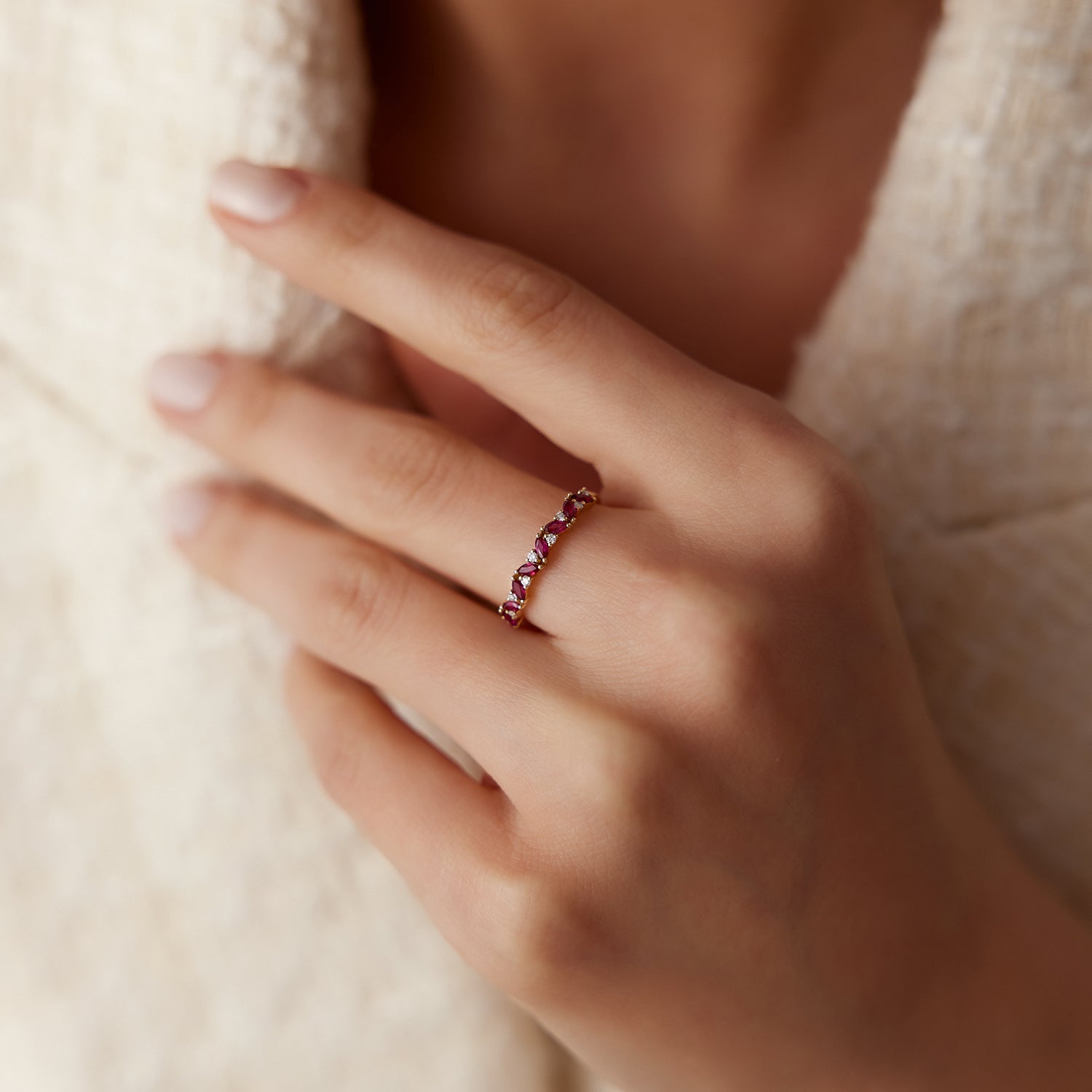14k Slanted Ruby and Round Diamond Ring