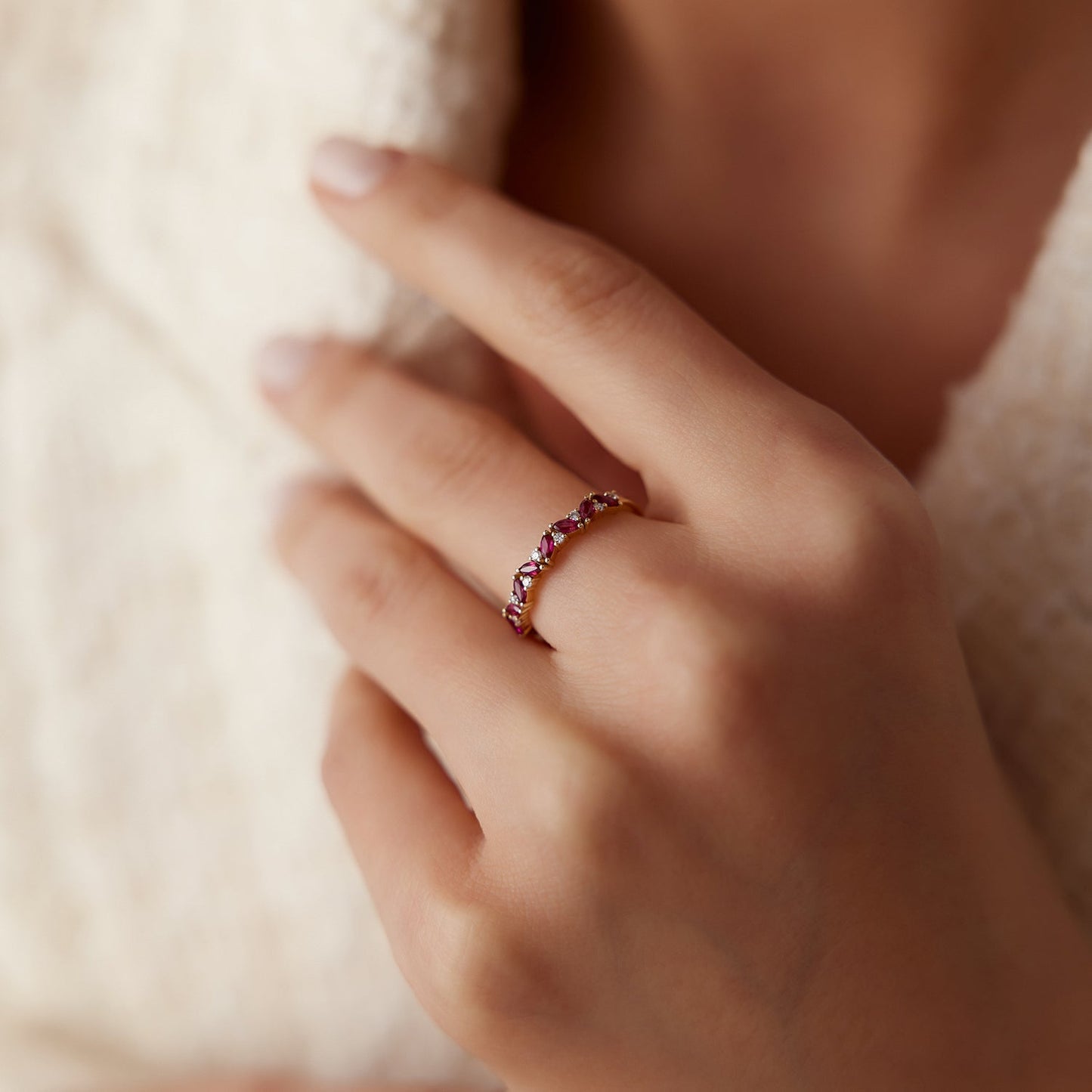 14k Slanted Ruby and Round Diamond Ring