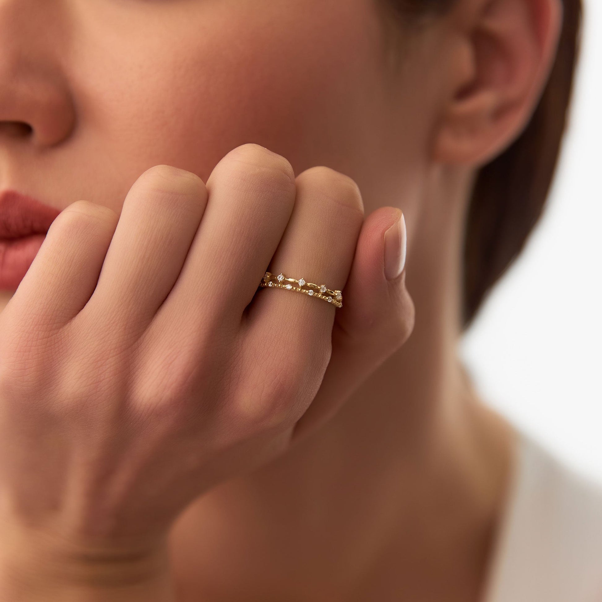 14k Stacked Double Band Diamond Ring