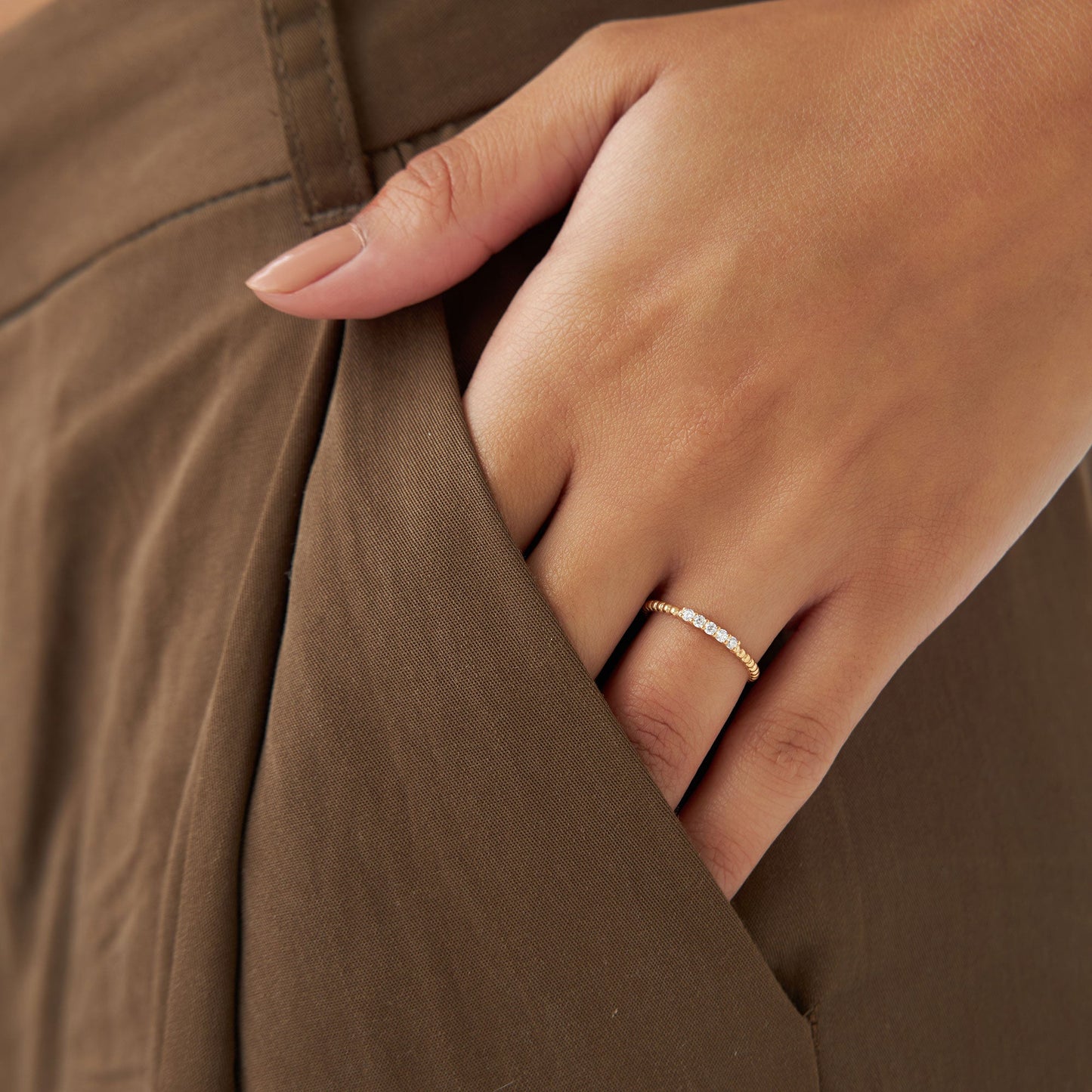 14K Stacking Dainty Beaded Diamond Band