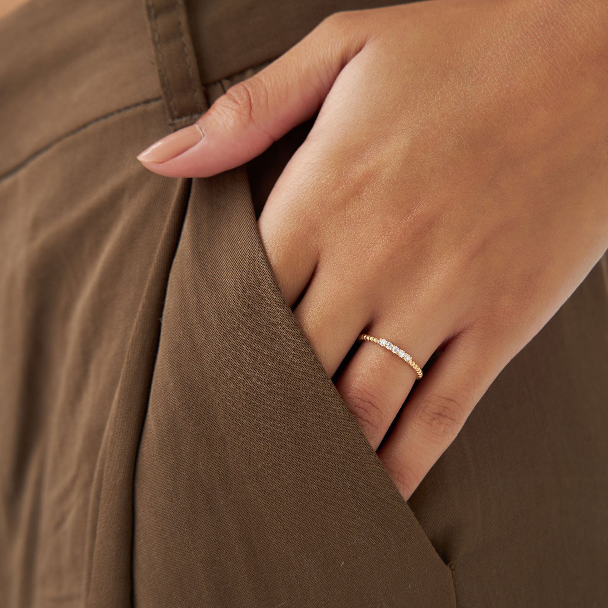 14K Stacking Dainty Beaded Diamond Band