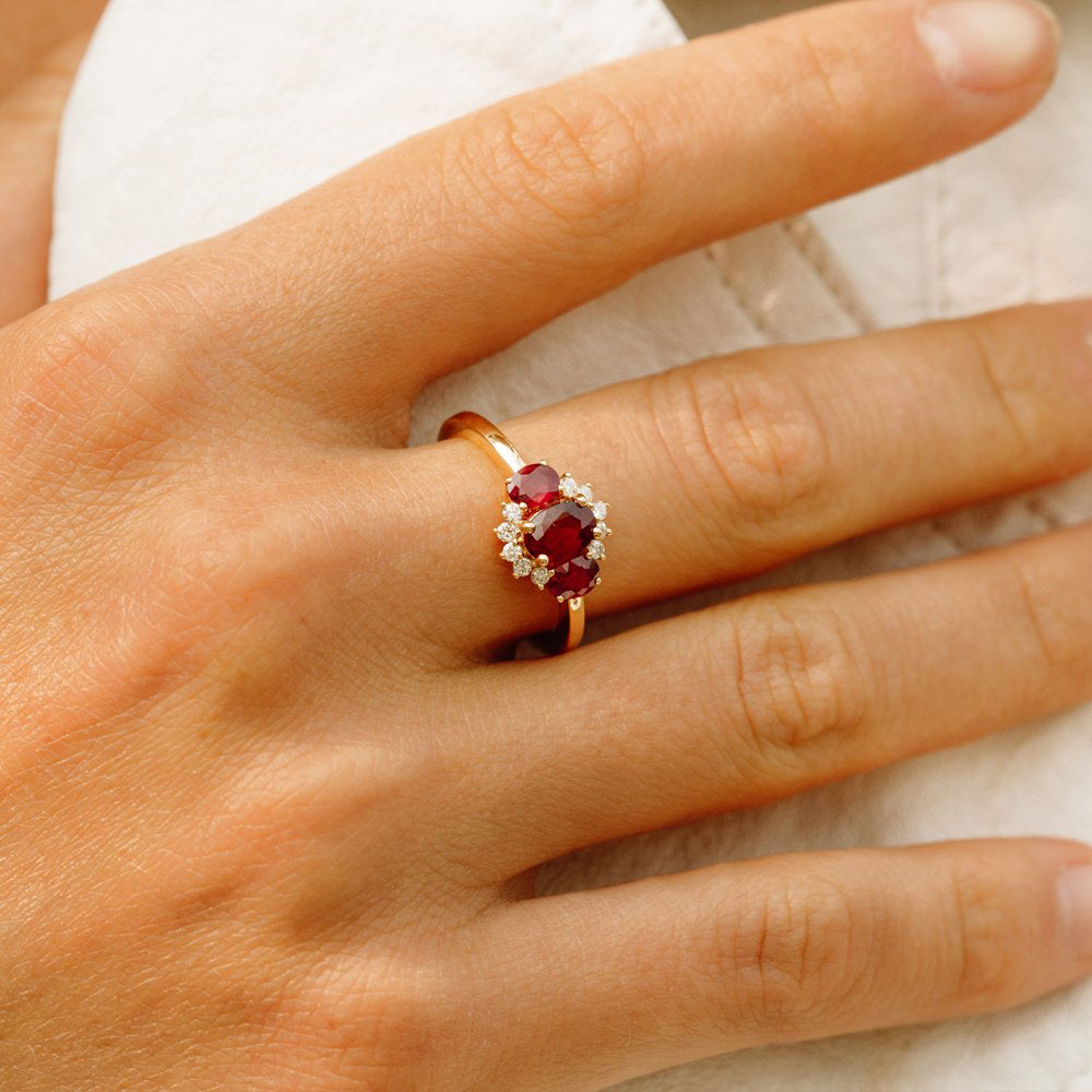 14k Three Stone Ruby Cluster Ring