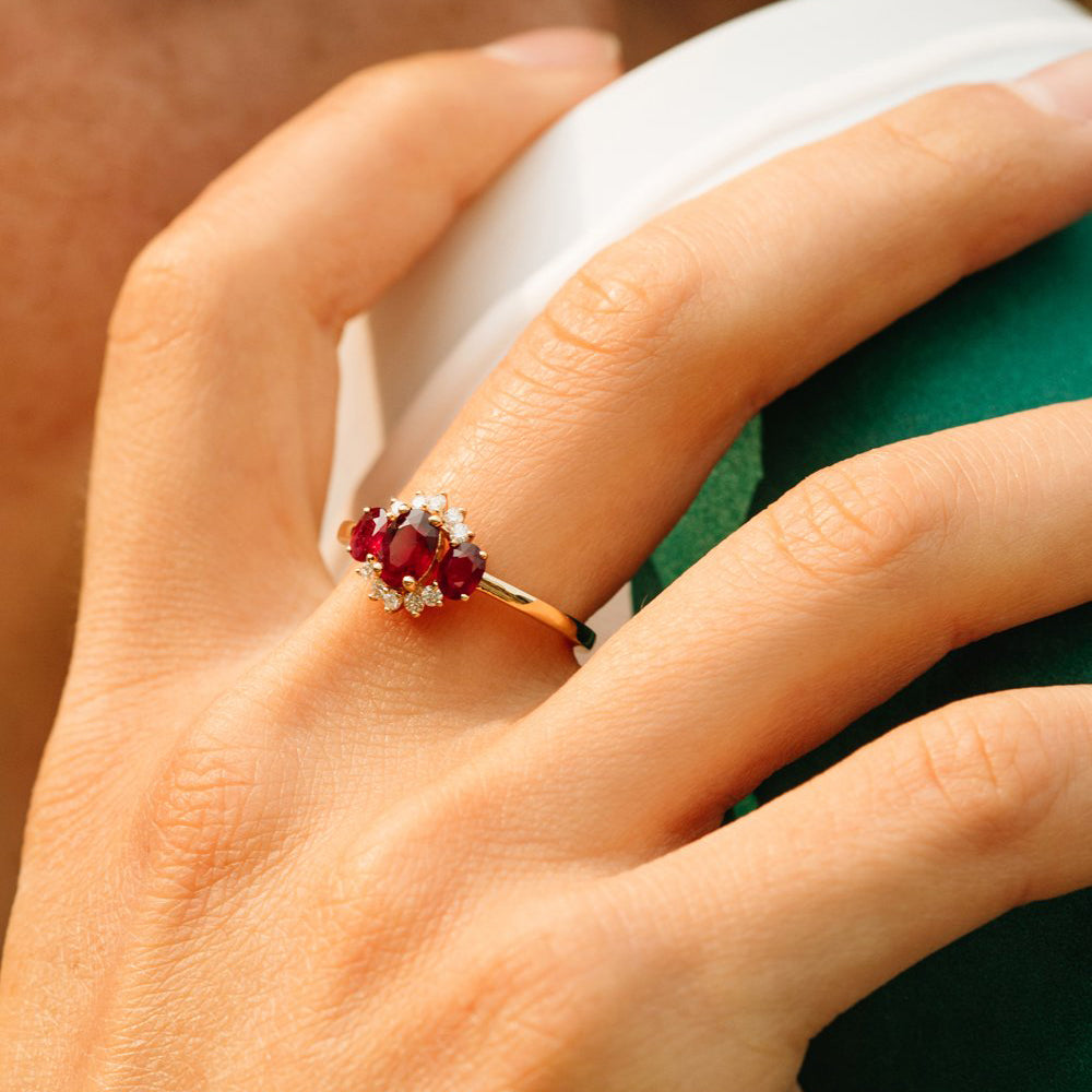 14k Three Stone Ruby Cluster Ring