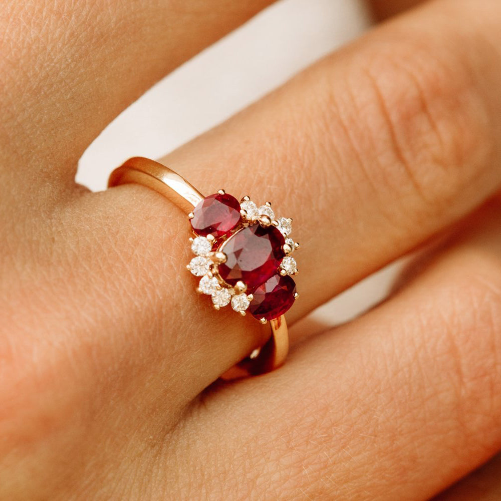14k Three Stone Ruby Cluster Ring