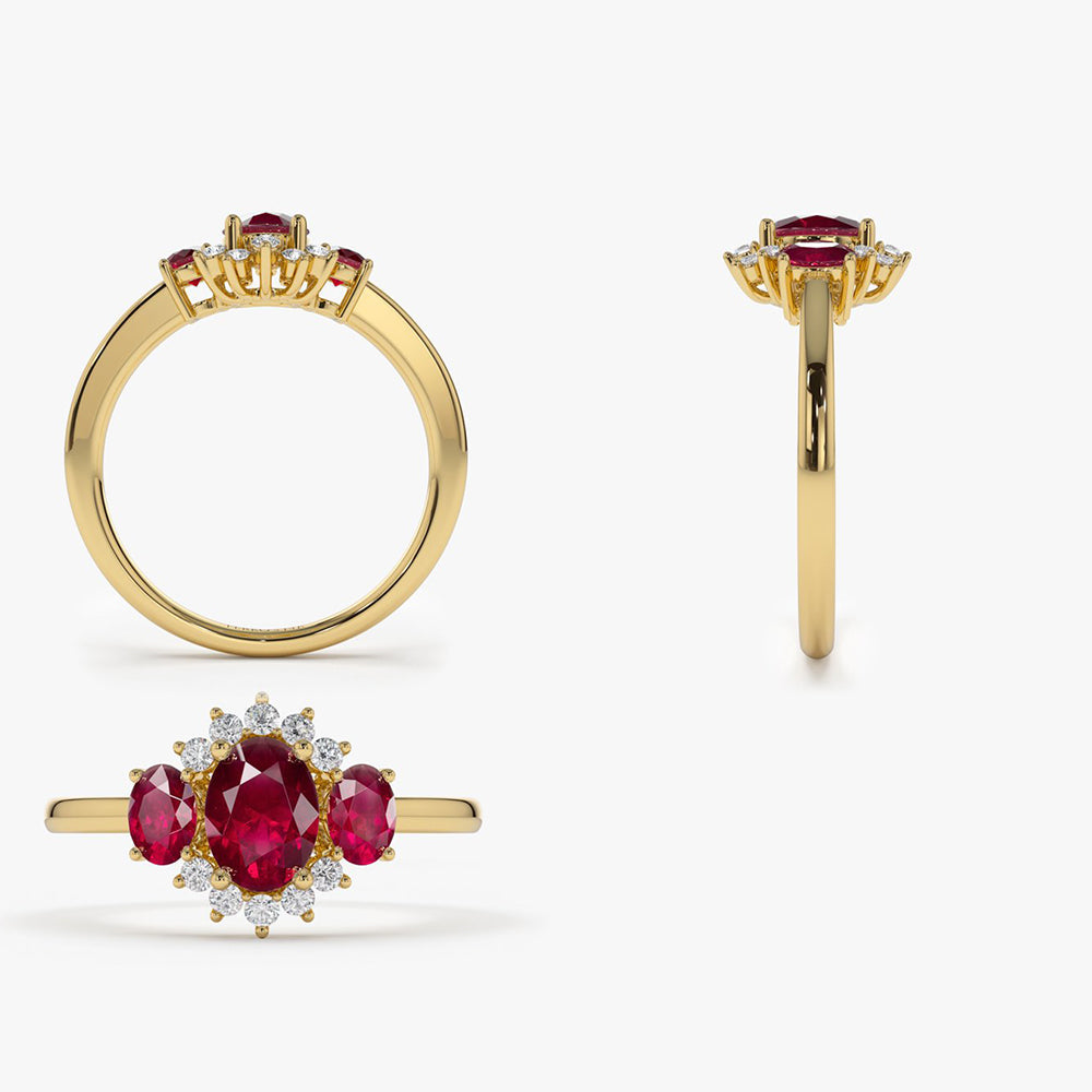 14k Three Stone Ruby Cluster Ring