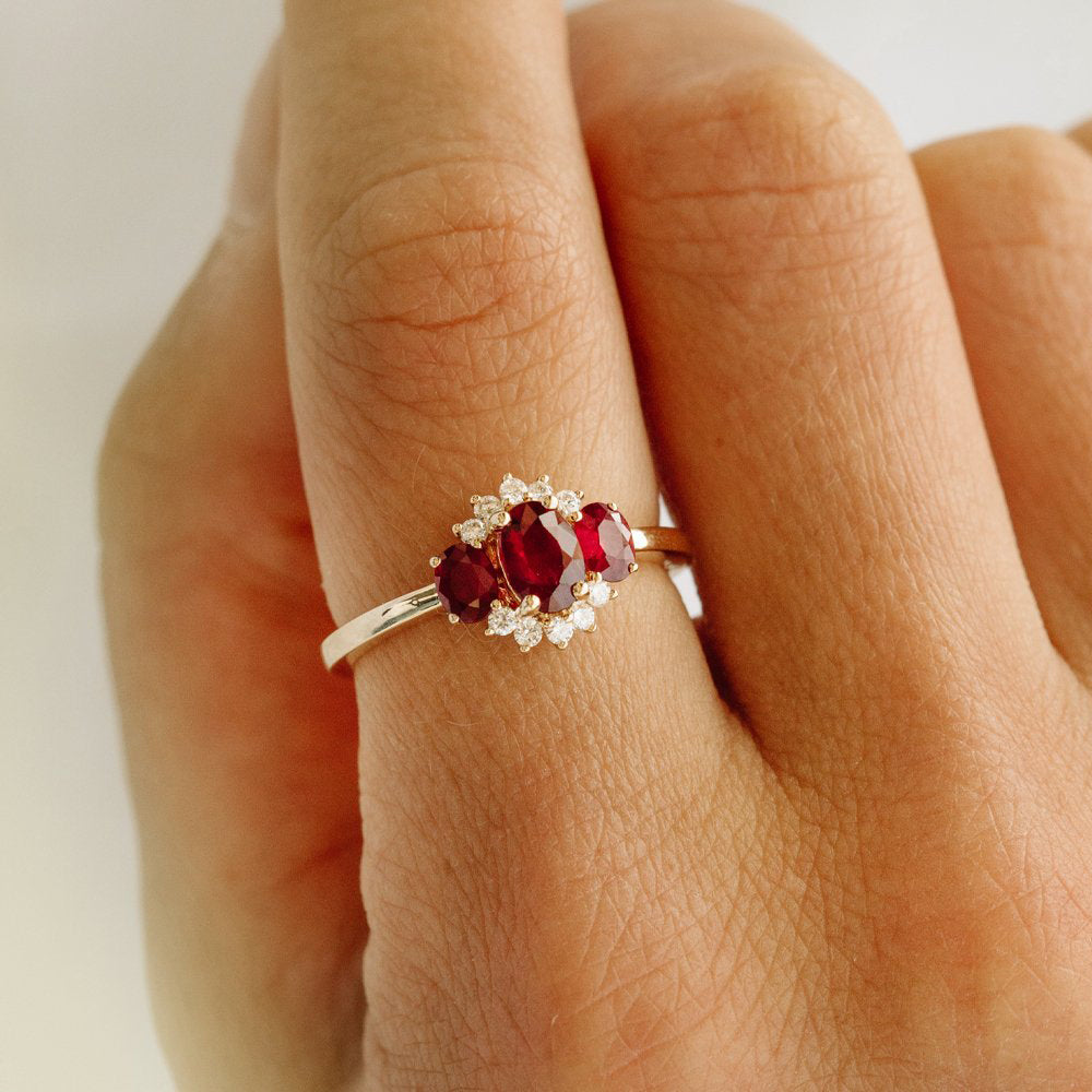 14k Three Stone Ruby Cluster Ring