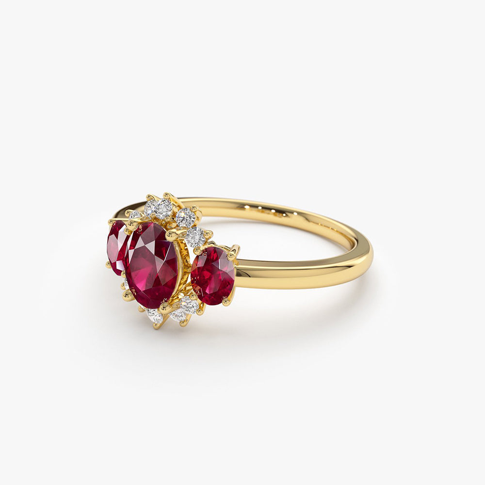 14k Three Stone Ruby Cluster Ring - Geum Jewels