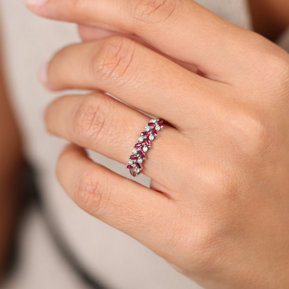 14k Two Rows Marquise Cut Natural Ruby  and Diamond Ring