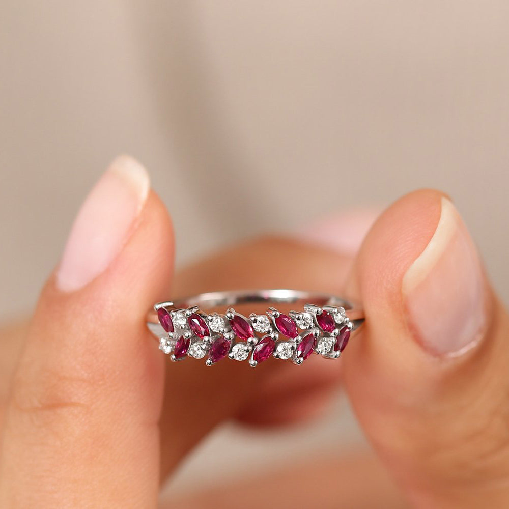 14k Two Rows Marquise Cut Natural Ruby  and Diamond Ring