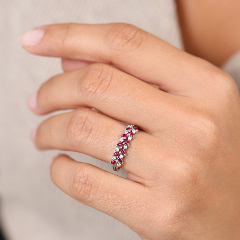 14k Two Rows Marquise Cut Natural Ruby  and Diamond Ring