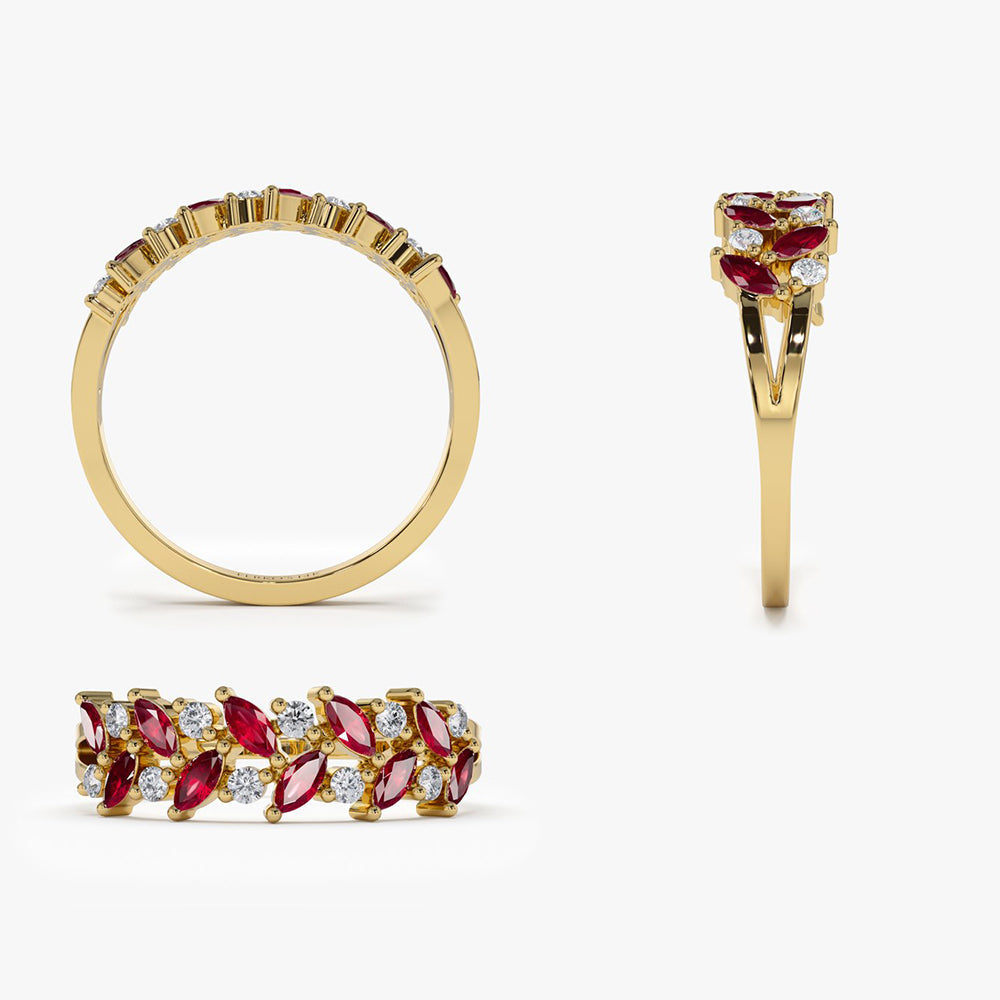 14k Two Rows Marquise Cut Natural Ruby  and Diamond Ring