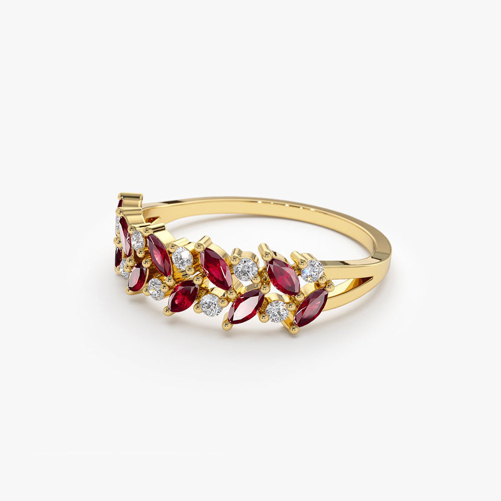 14k Two Rows Marquise Cut Natural Ruby  and Diamond Ring - Geum Jewels