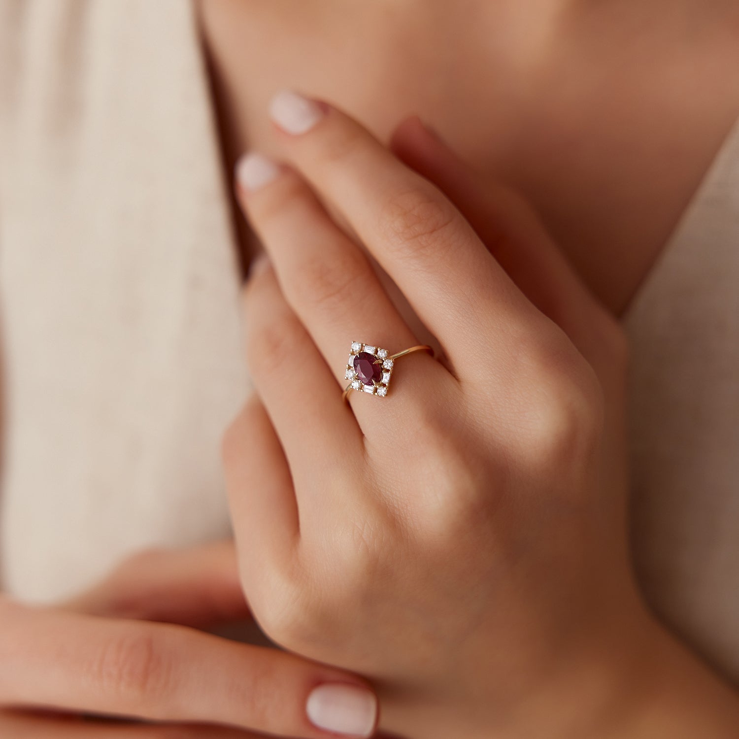 14K Unique Natural Ruby and Baguette Ring