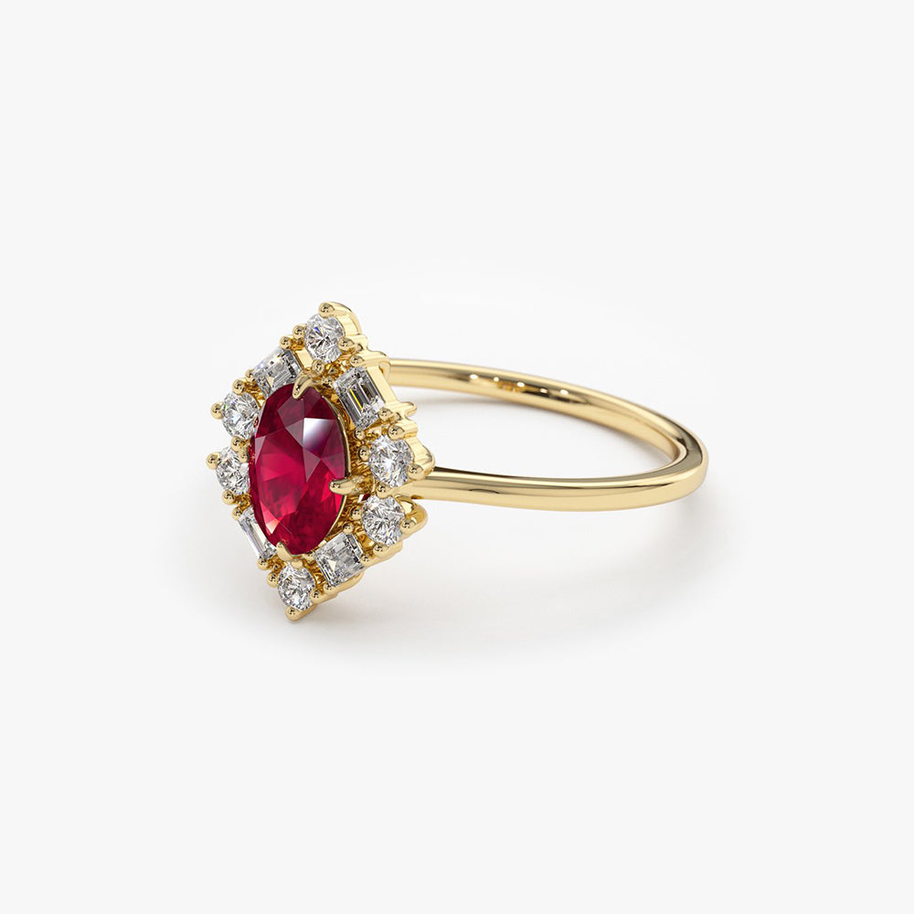 14K Unique Natural Ruby and Baguette Ring