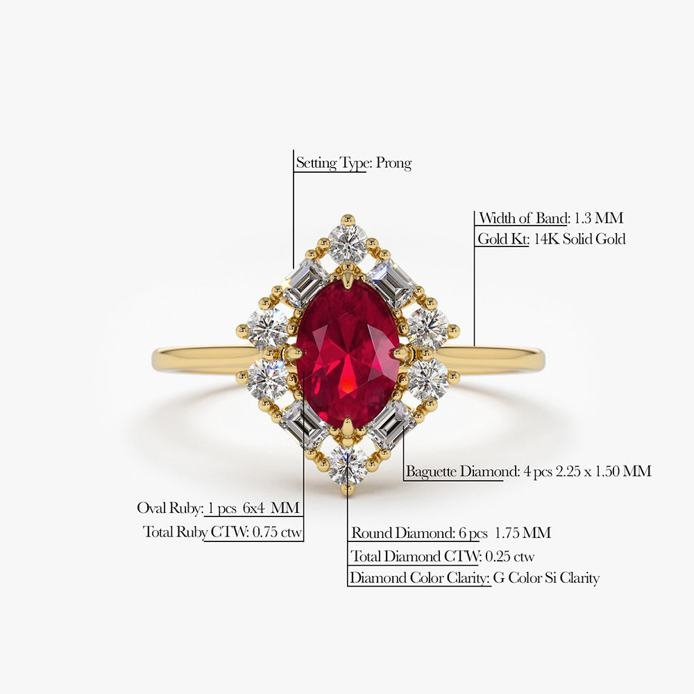 14K Unique Natural Ruby and Baguette Ring