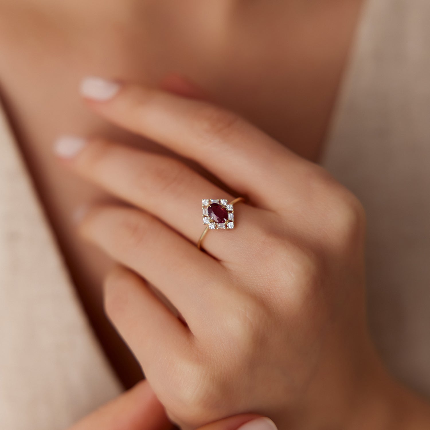 14K Unique Natural Ruby and Baguette Ring