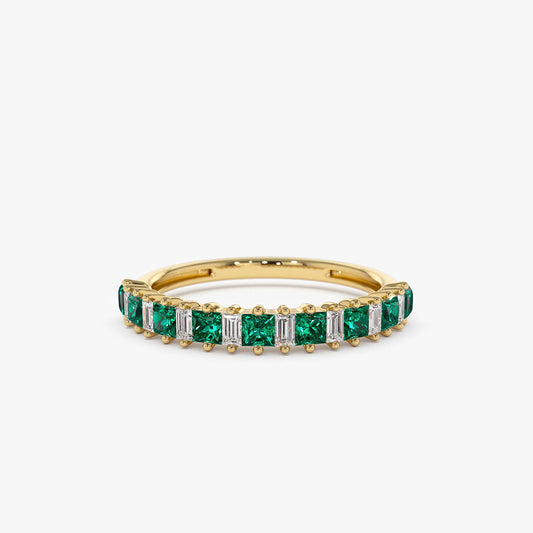 14k Unique Princess Cut Emerald and Baguette Diamond Ring - Geum Jewels