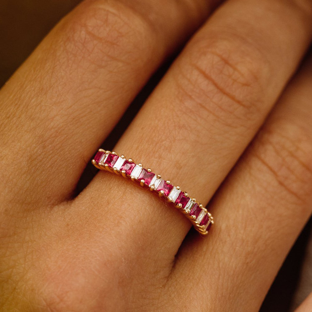 14k Unique Princess Cut Ruby and Baguette Diamond Ring