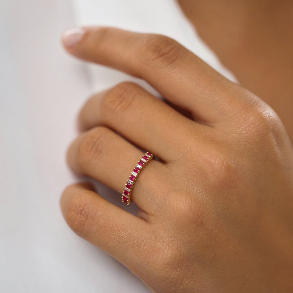 14k Unique Princess Cut Ruby and Baguette Diamond Ring