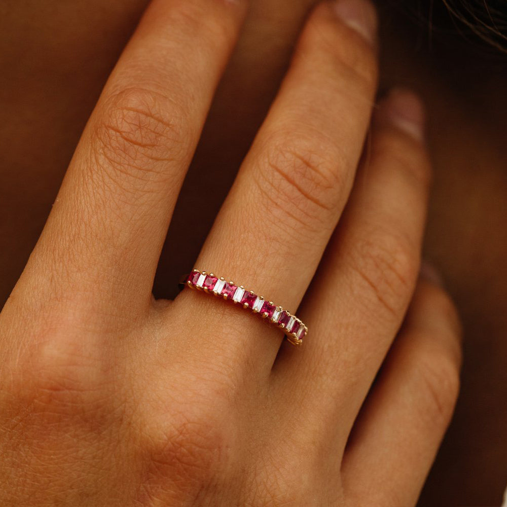 14k Unique Princess Cut Ruby and Baguette Diamond Ring