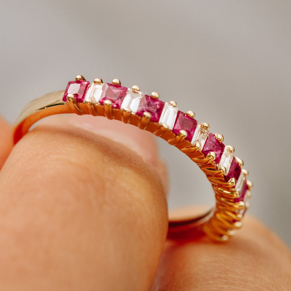 14k Unique Princess Cut Ruby and Baguette Diamond Ring