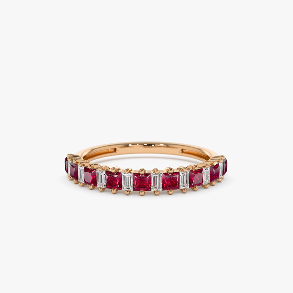 14k Unique Princess Cut Ruby and Baguette Diamond Ring - Geum Jewels