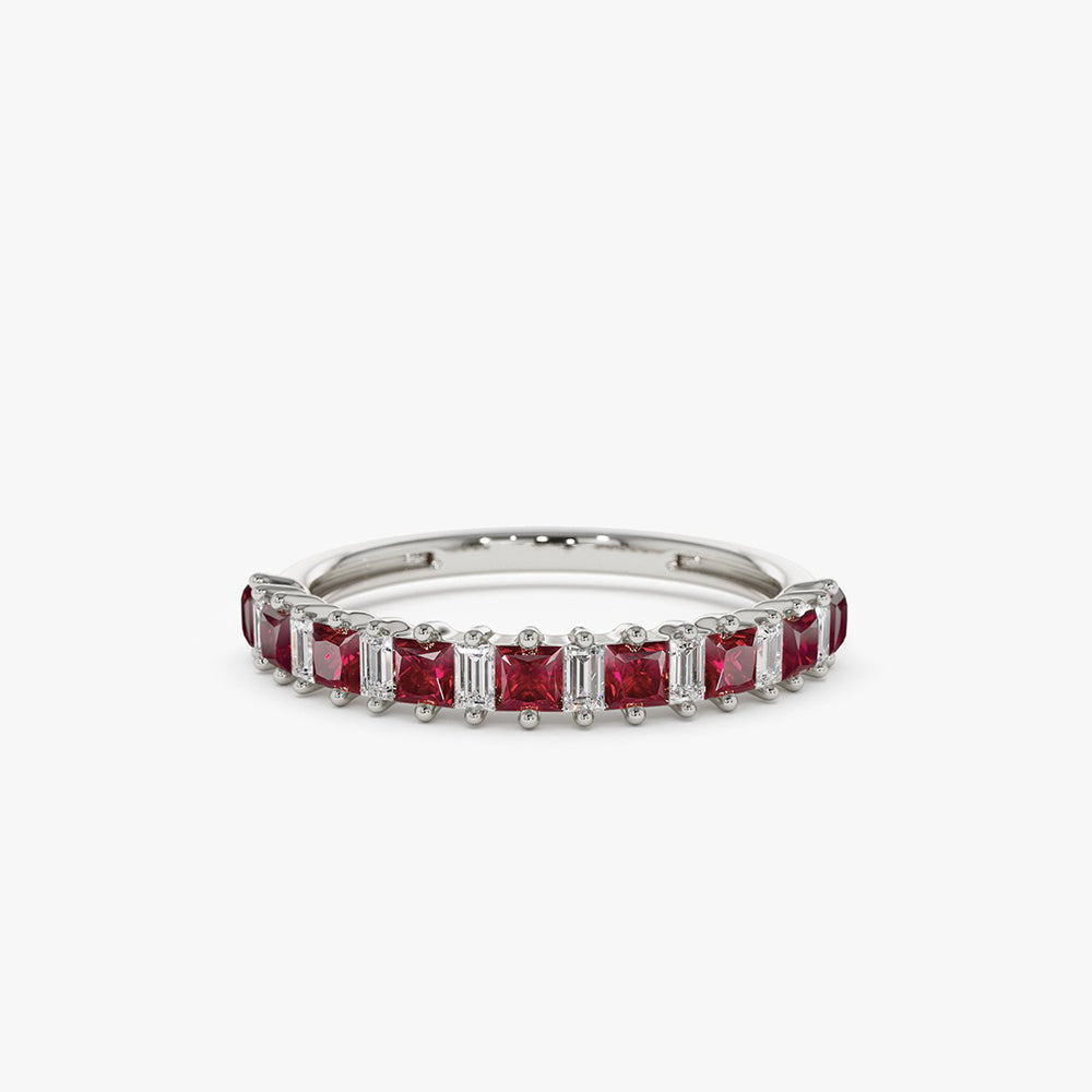 14k Unique Princess Cut Ruby and Baguette Diamond Ring - Geum Jewels
