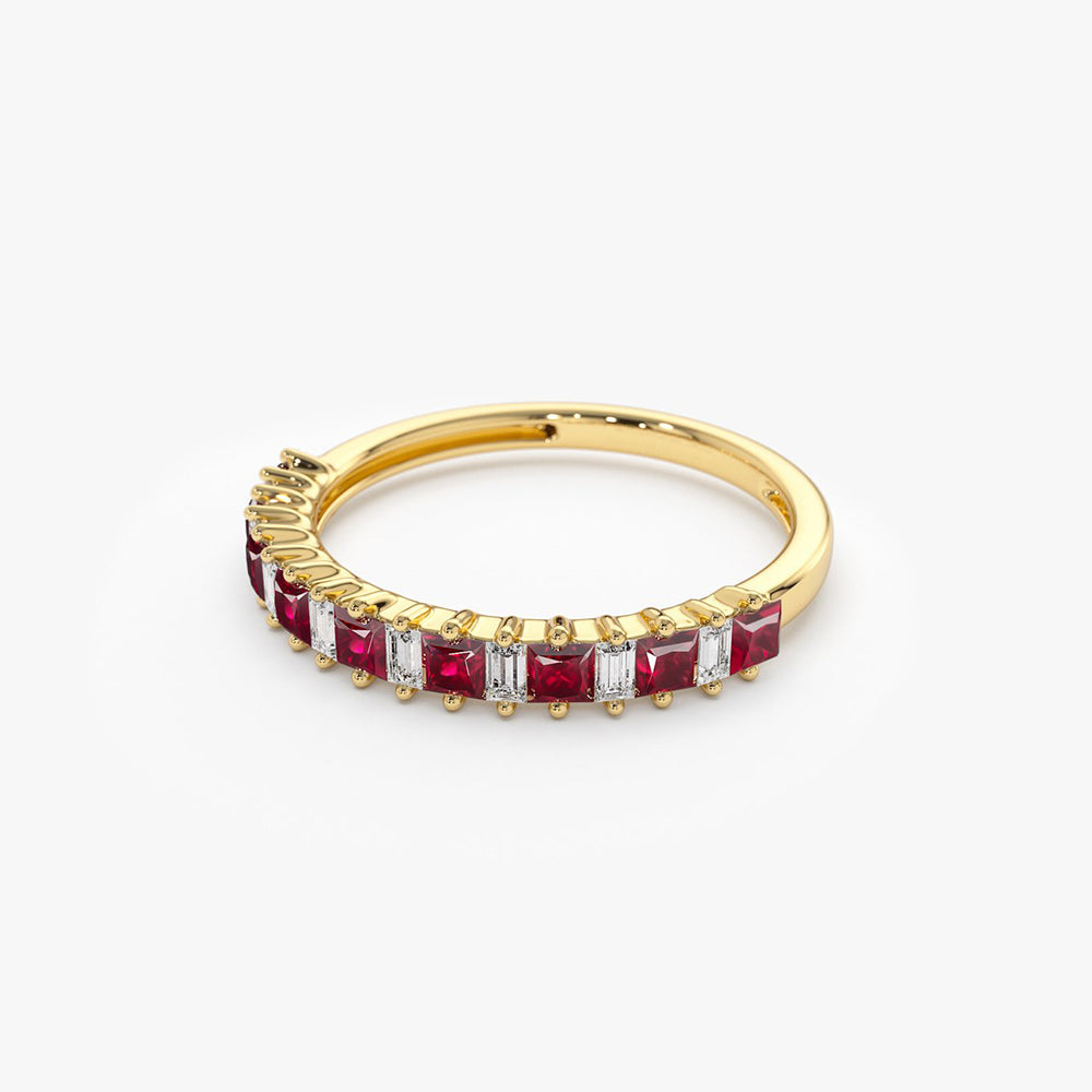 14k Unique Princess Cut Ruby and Baguette Diamond Ring - Geum Jewels