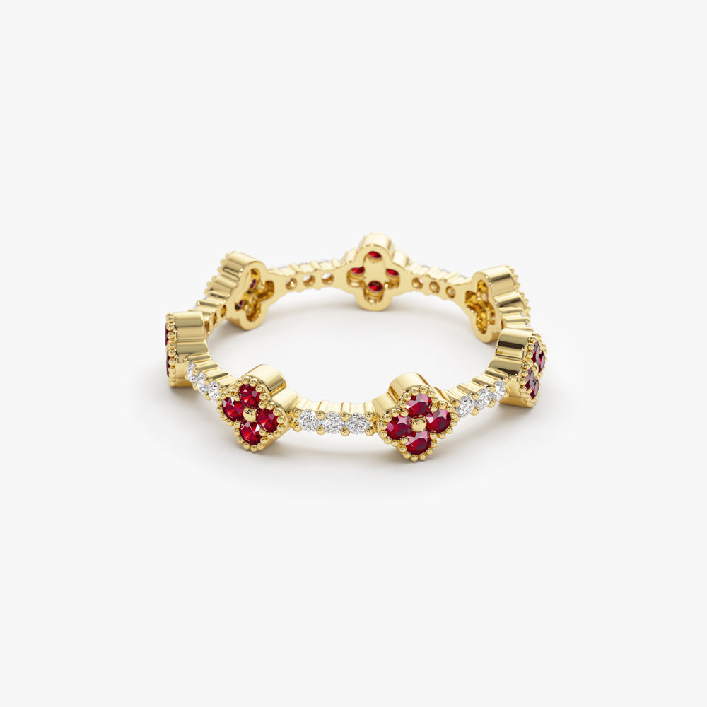 Full Eternity Clover Ruby and Diamond Ring in 14k Gold