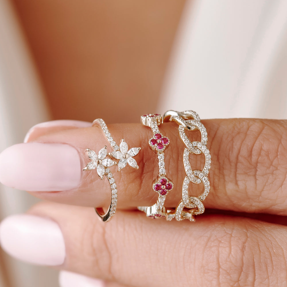 Full Eternity Clover Ruby and Diamond Ring in 14k Gold