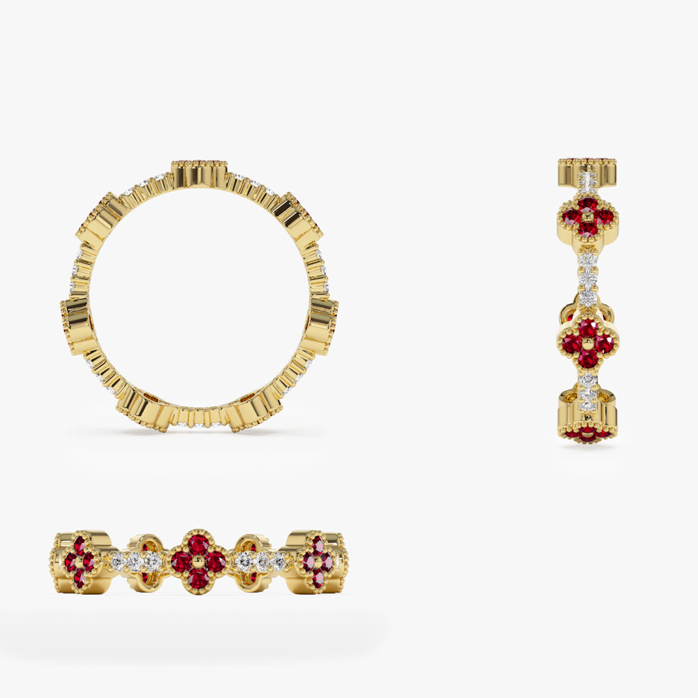 Full Eternity Clover Ruby and Diamond Ring in 14k Gold