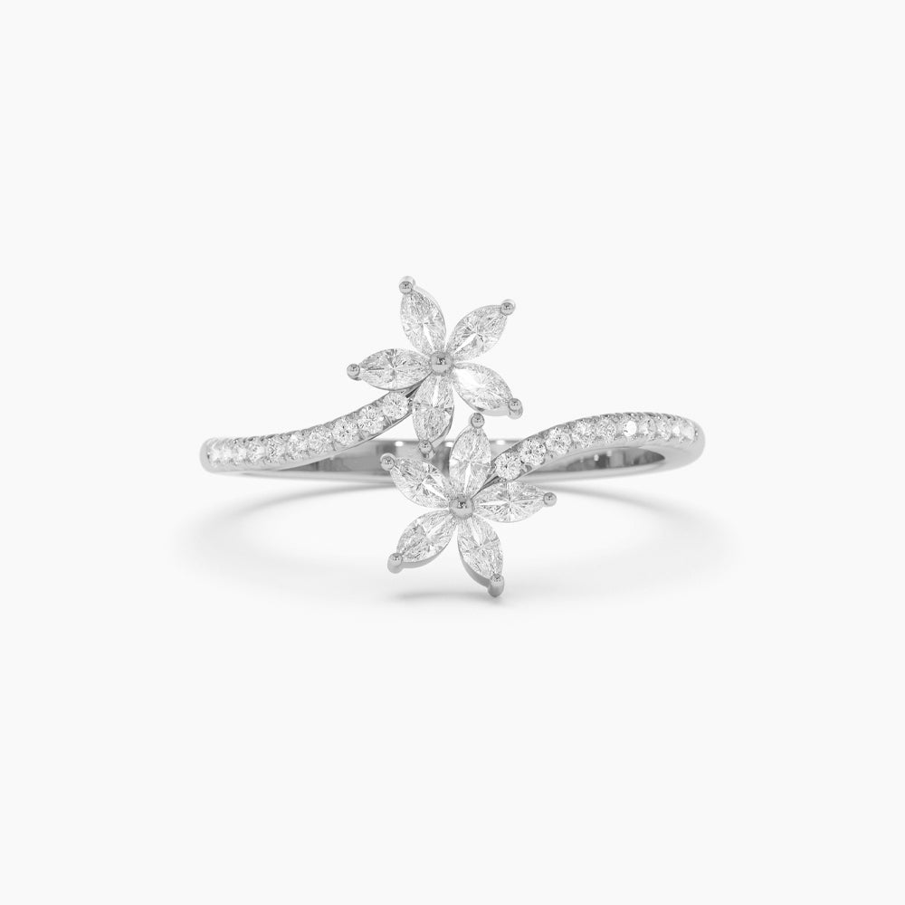 Marquise Diamond Flower Bypass Ring in 14k - Geum Jewels