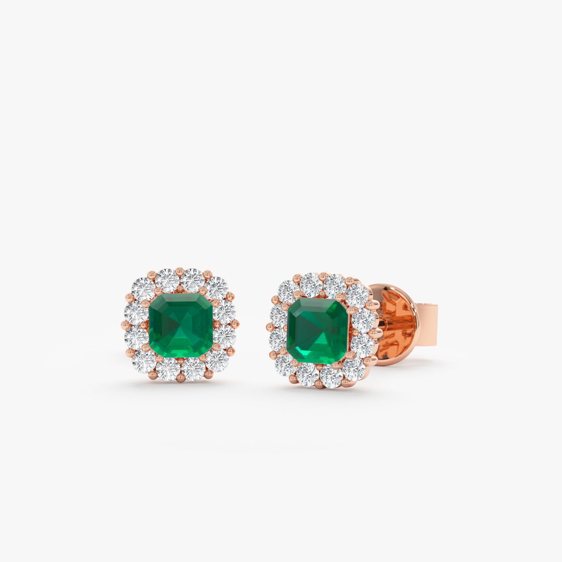 Emerald Diamond Halo Stud Earrings - Geum Jewels