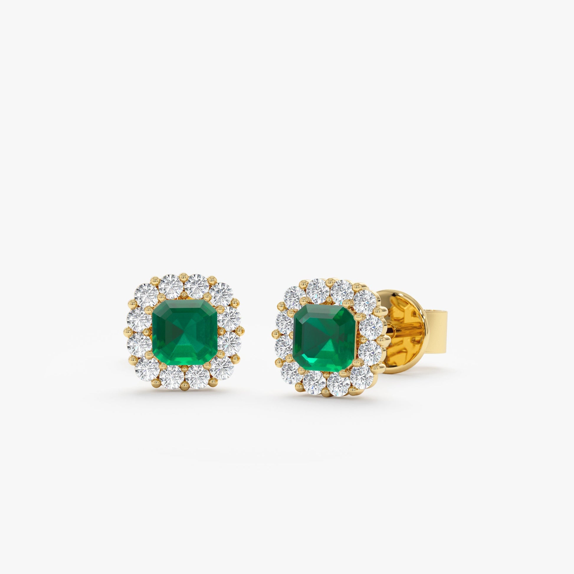 Emerald Diamond Halo Stud Earrings - Geum Jewels