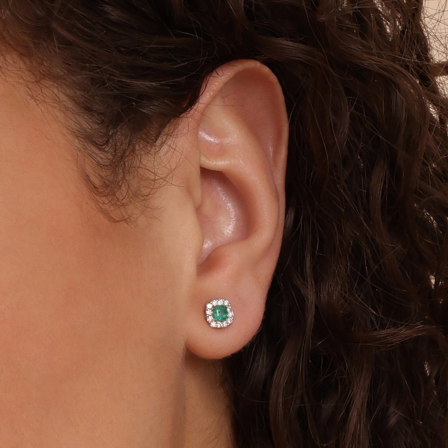 Emerald Diamond Halo Stud Earrings - Geum Jewels