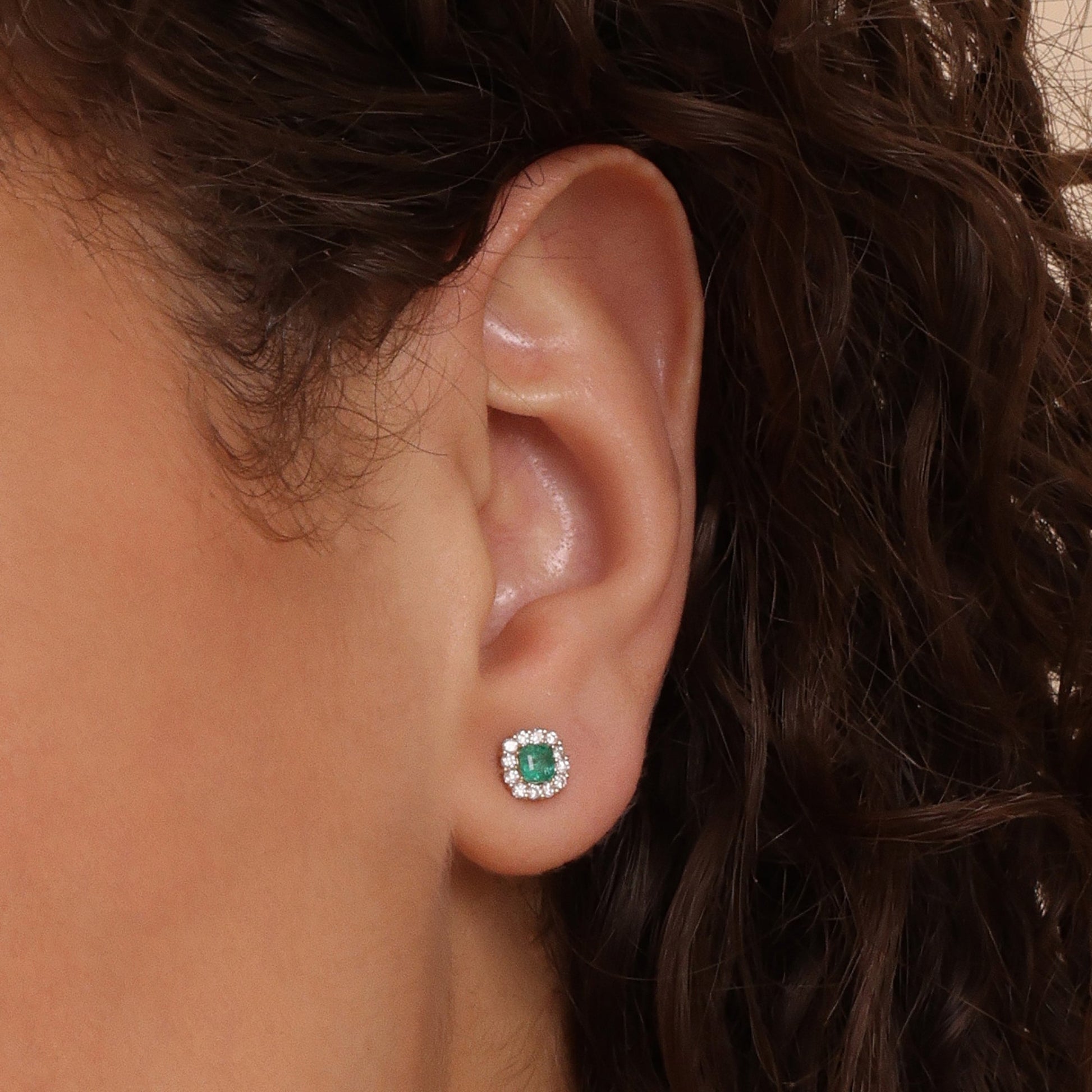 Emerald Diamond Halo Stud Earrings - Geum Jewels