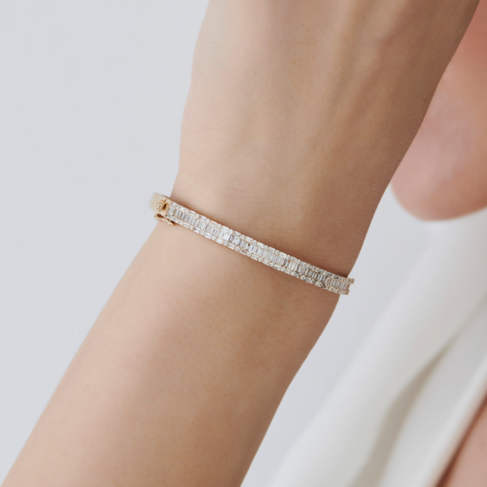 14k Baguette and Round Brilliant Micro Pave Statement Bangle Bracelet